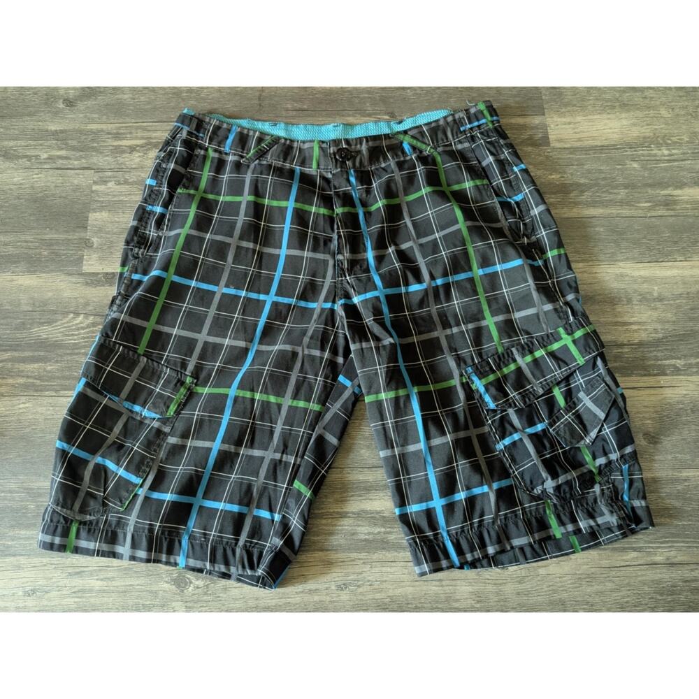 Men's Rue 21 Carbon Black Aqua Blue Green Plaid Board Shorts Swim Trunks Size 34